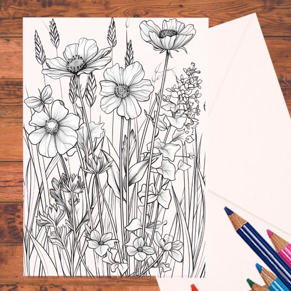 8 Wildflower Coloring Cards: A7 Handmade DIY 5x7 Greeting Cards with Envelopes - Picture 1 of 9